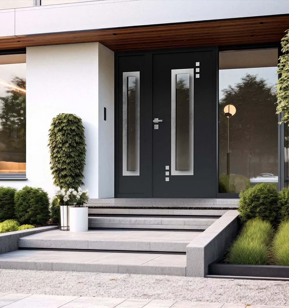 Porte d’entrée contemporaine dans une façade résidentielle