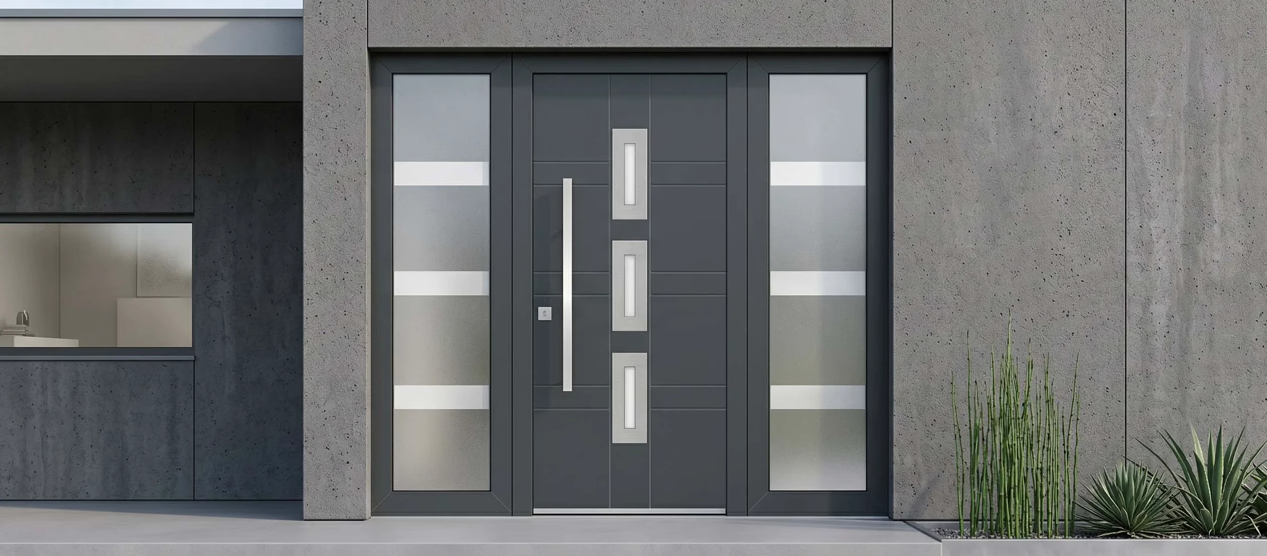 Porte d’entrée avec imposte latérale intégrée à une façade contemporaine