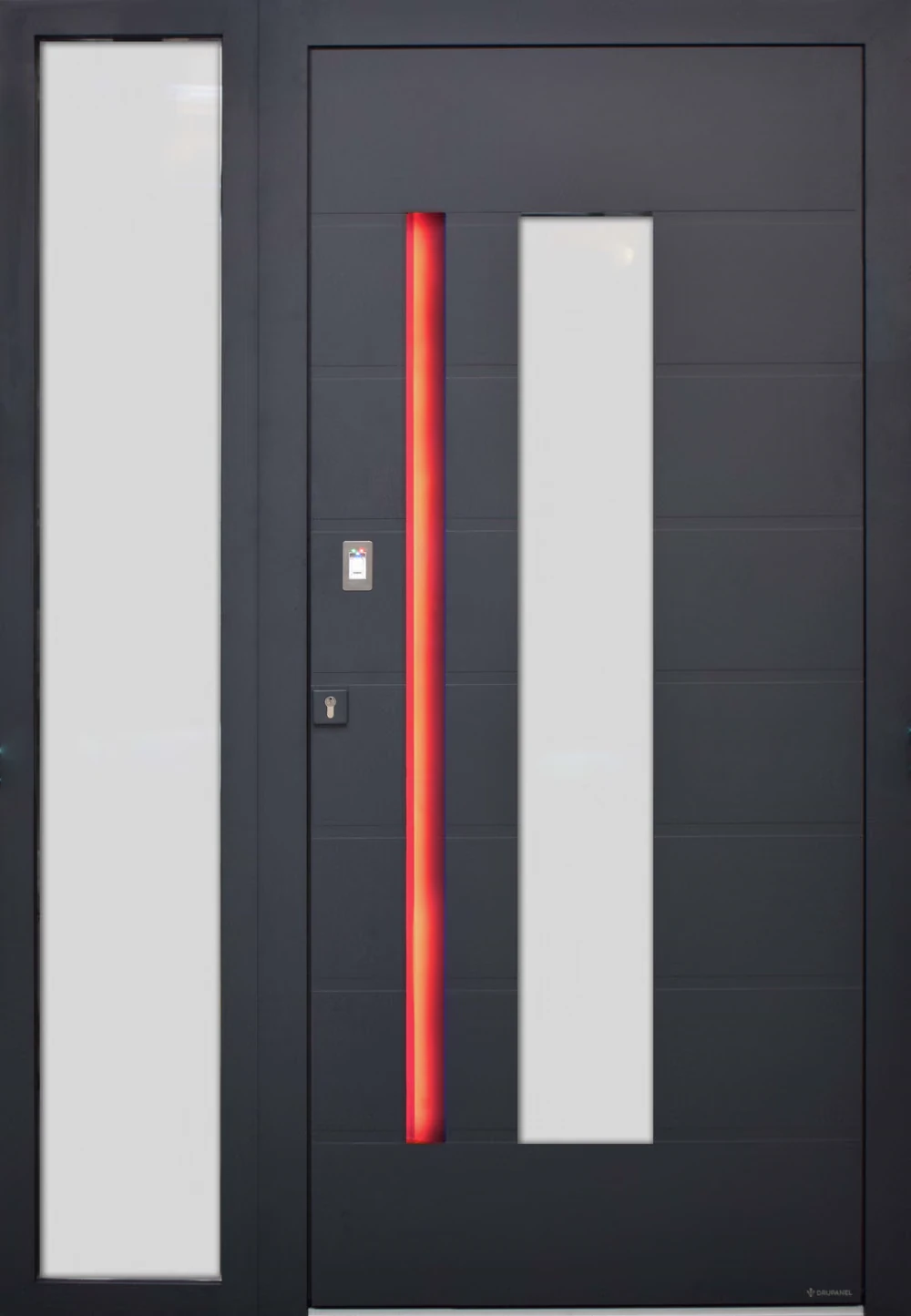 Porte d’entrée moderne avec dispositifs d’accès et de verrouillage