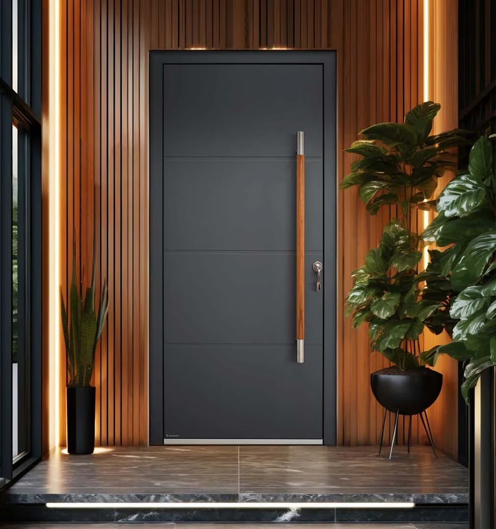Porte d’entrée grise personnalisée intégrée à un habillage bois