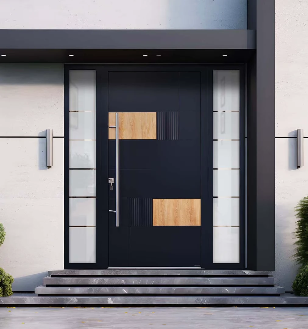 Porte anthracite contemporaine avec inserts bois et vitrages latéraux