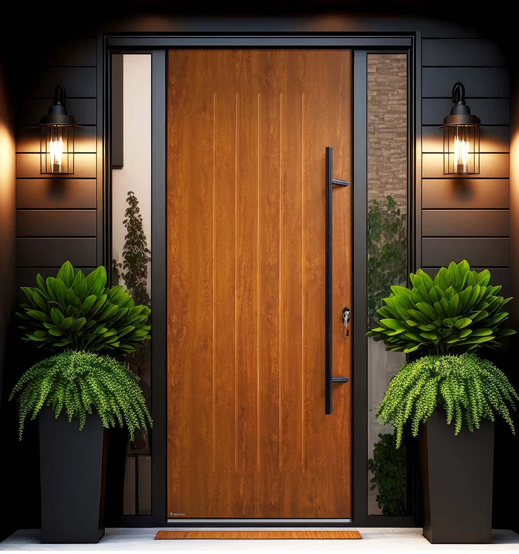 Porte d’entrée finition bois avec éclairages et végétation