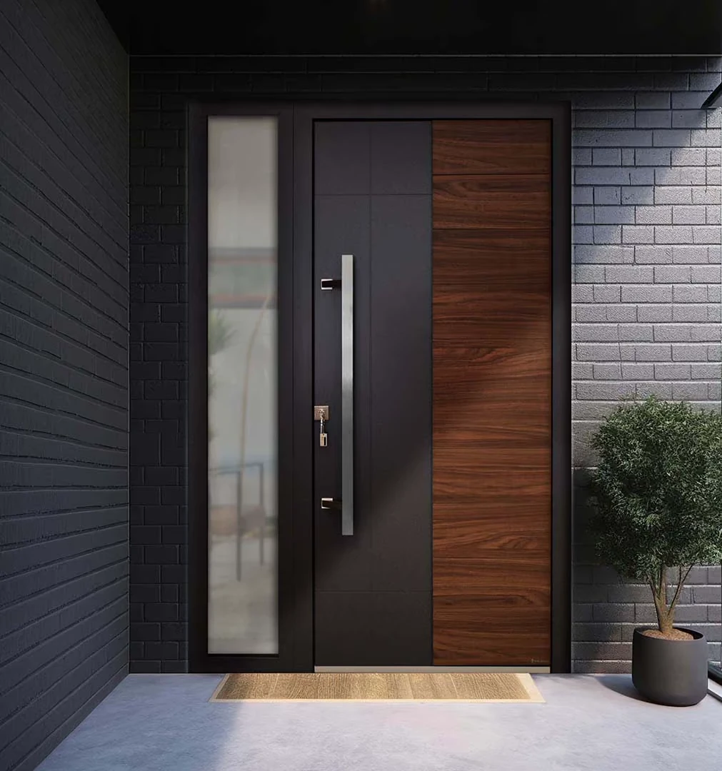 Porte d’entrée anthracite avec panneau bois et vitrage latéral