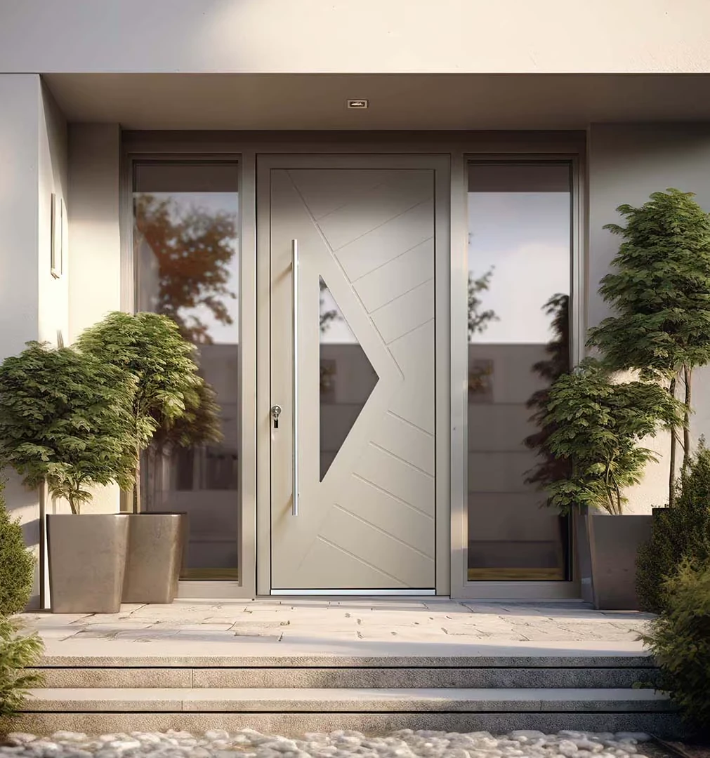 Porte d’entrée claire au dessin géométrique avec vitrages latéraux