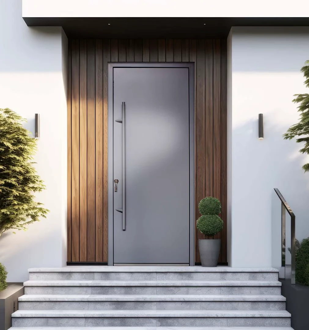 Porte d’entrée grise minimaliste encadrée de bois